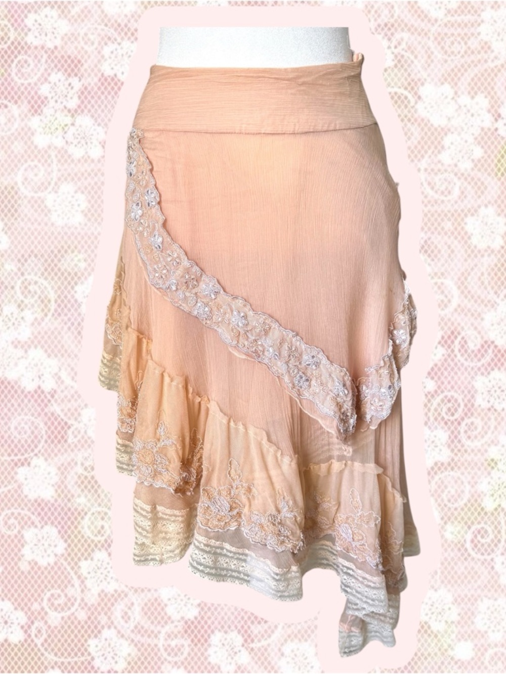 Asymmetrical Peach Lace-Trim Embroidered Maxi Women’s Small Fairy Y2K Skirt